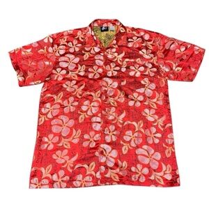 Vintage Street Culture Button Up Shiny Asian Red AOP Floral Shirt XL Metallic